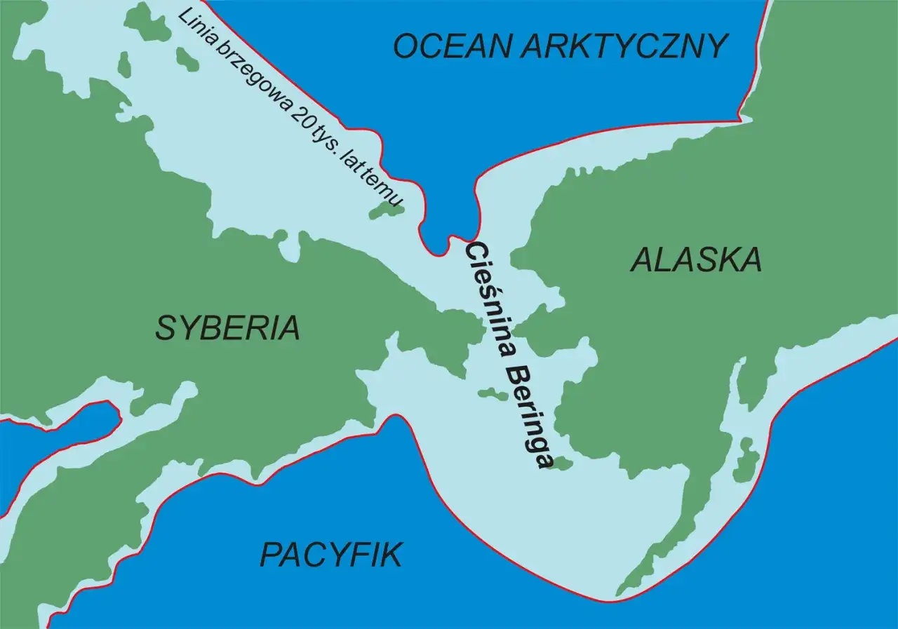 Mapa pokazuje, gdzie jest Alaska, oddzielona od Syberii Cieśniną Beringa. Widać też Ocean Arktyczny i Pacyfik.