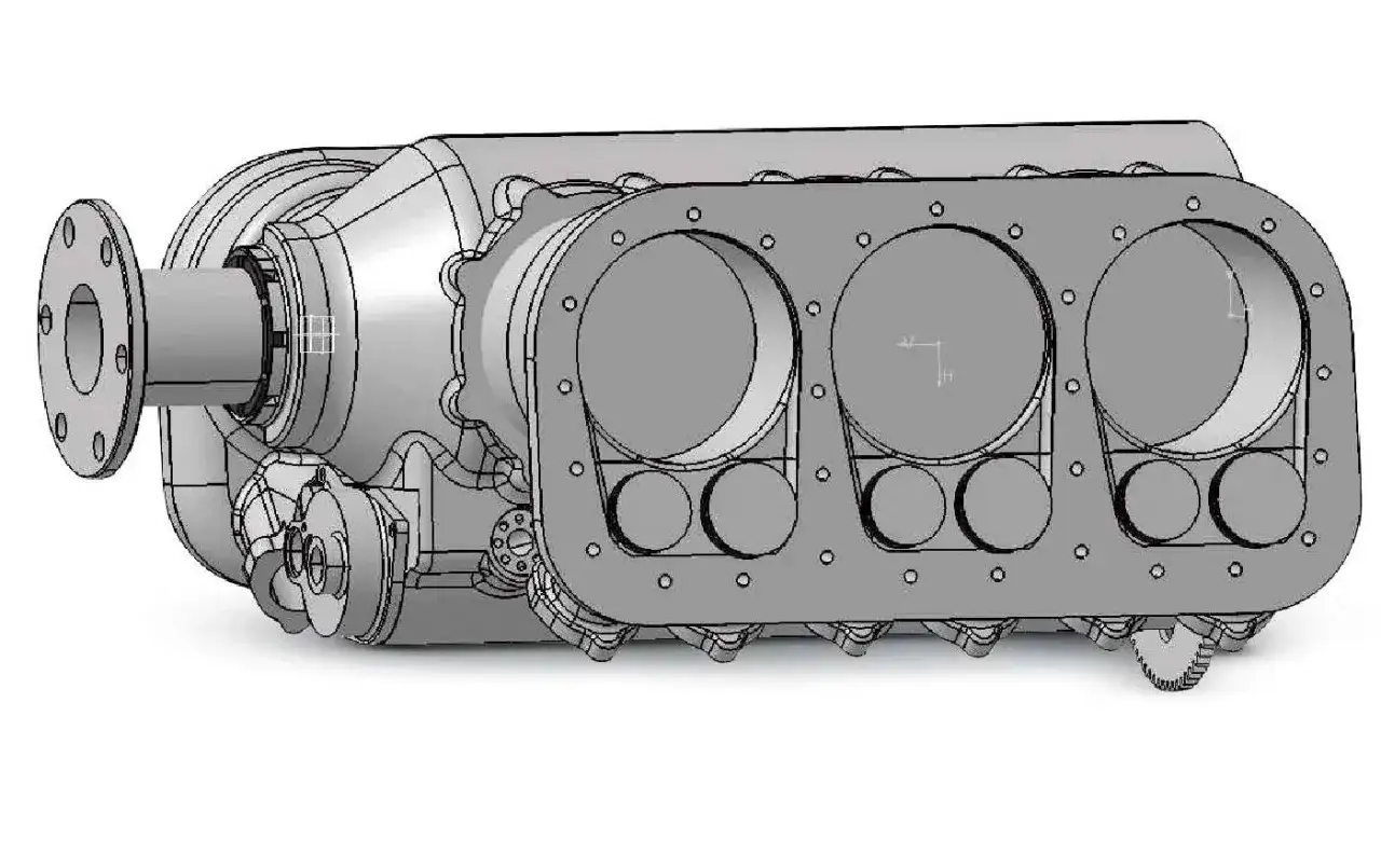 Model silnika dolnozaworowego z turbosprężarką. Widoczne cylindry i elementy układu dolotowego.
