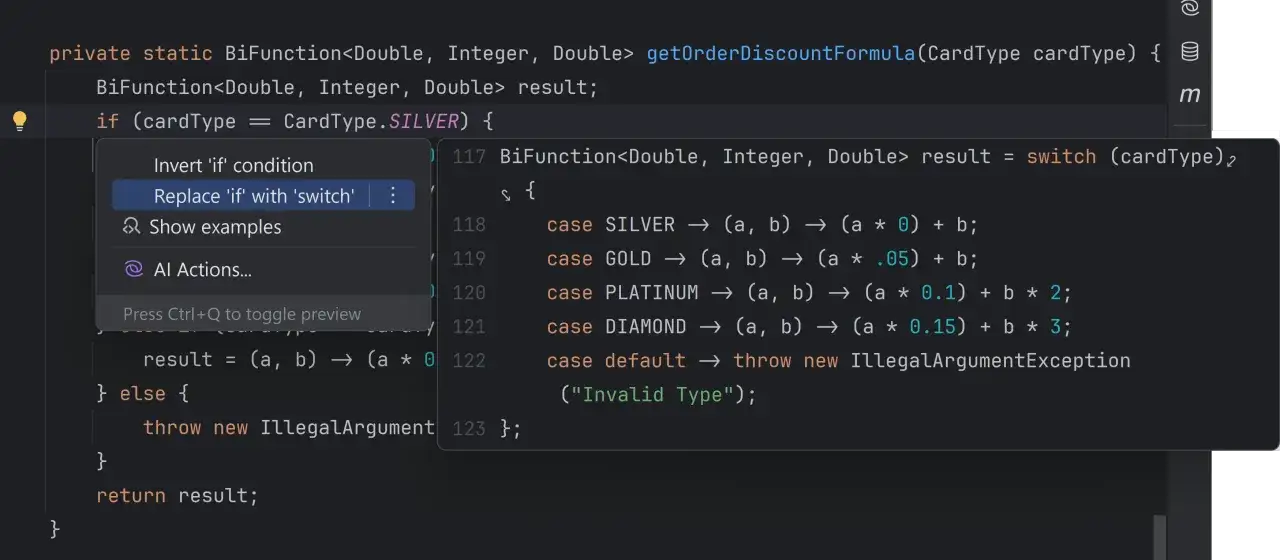 Suggestion pour remplacer un `if` par un `switch` en Java. Le code g&egrave;re les types de cartes pour calculer des remises.
