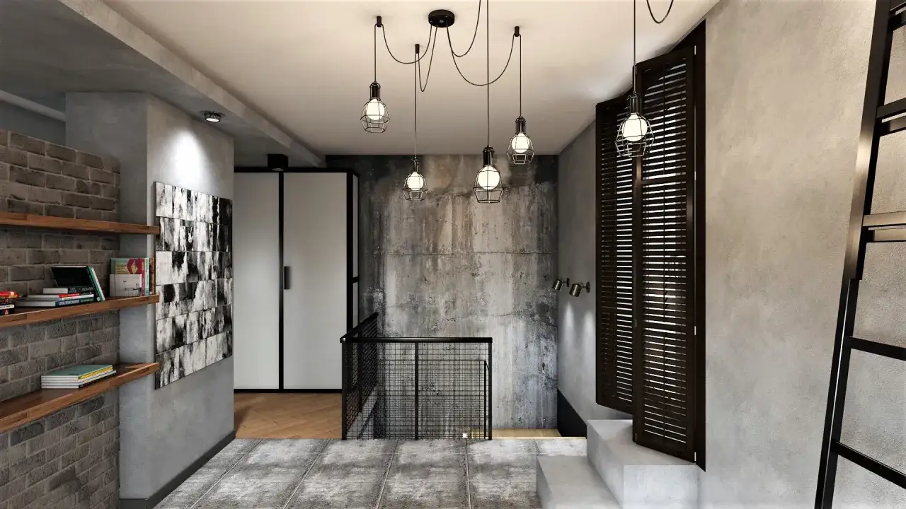Ein Flur im industrial style mit Betonwänden, Holzböden, Metallgeländer und Hängelampen.