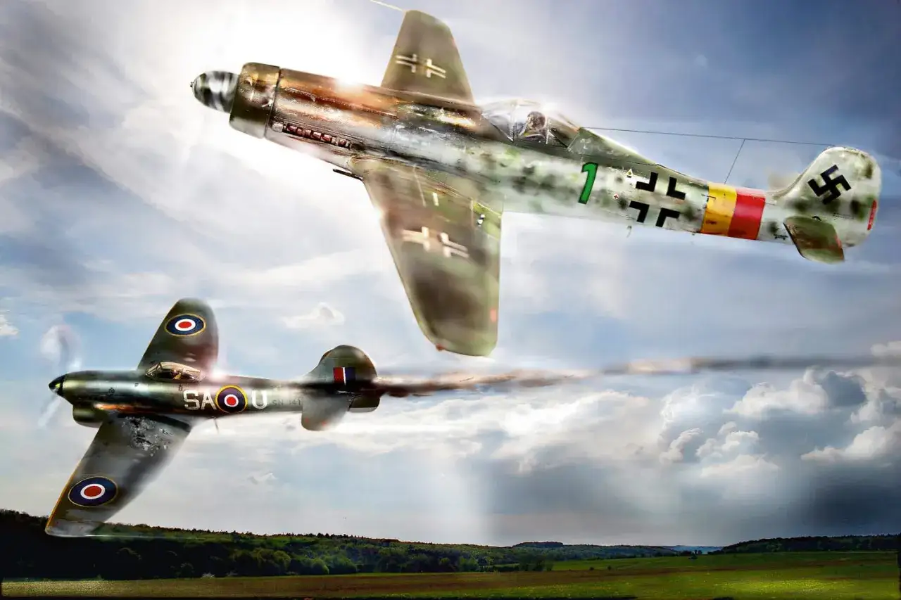 Luftkampf: Focke-Wulf Ta 152 jagt eine Spitfire. Die Ta 152 mit Hakenkreuz und die Spitfire mit britischen Kokarden im Himmel &uuml;ber gr&uuml;nen Feldern.
