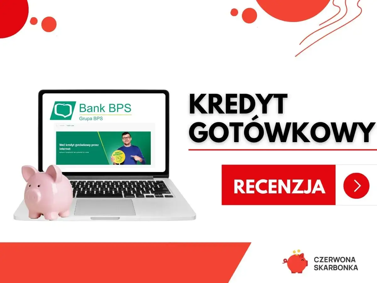 Czy warto teraz brać kredyt gotówkowy? Sprawdź recenzję kredytu gotówkowego Banku BPS na laptopie z różową świnką-skarbonką.