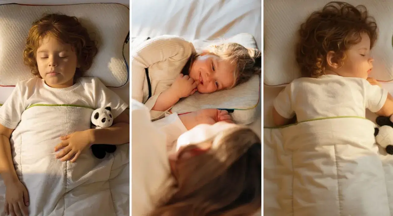 Drei Kinder schlafen friedlich, ein Junge mit Panda, ein M&auml;dchen l&auml;chelnd. Wie lange machen Kinder Mittagsschlaf?