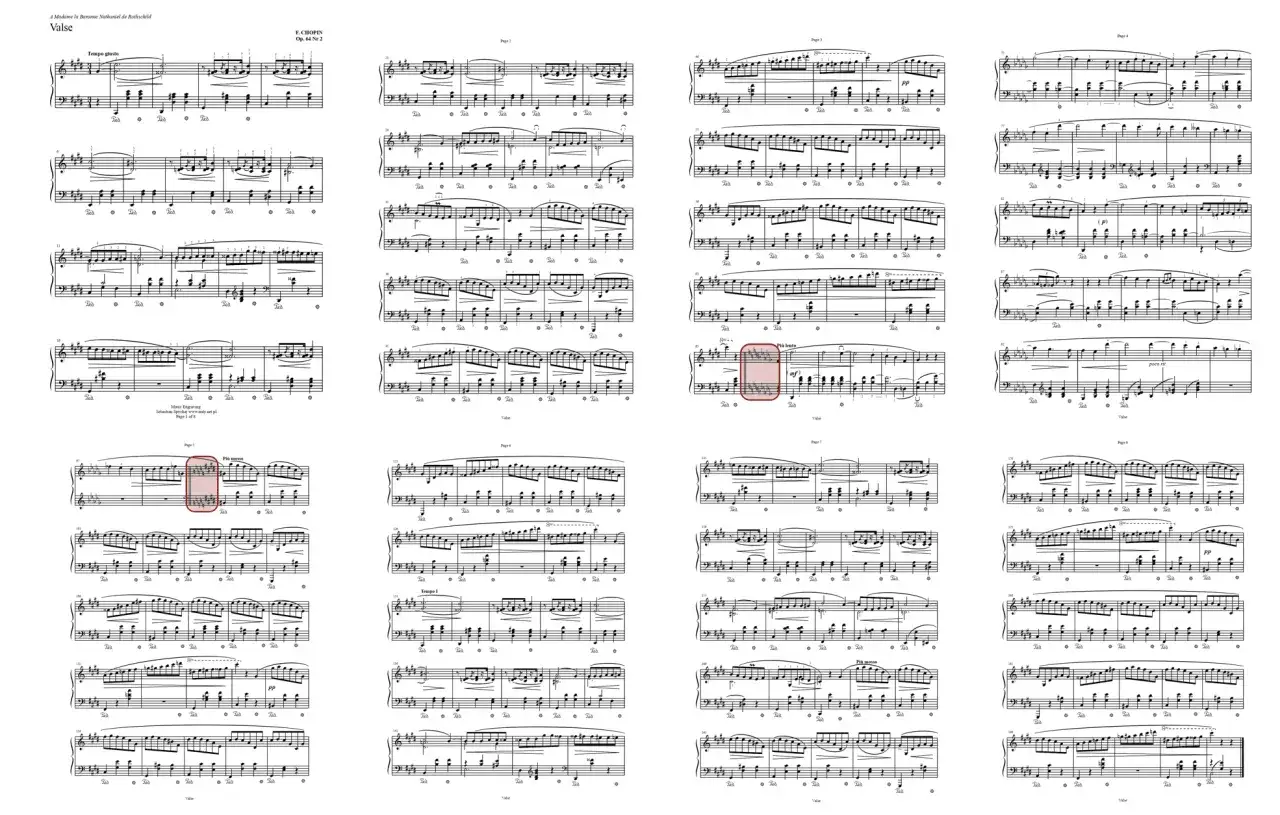 Partition de valse de Chopin, Op. 64 Nr 2. Les notes indiquent comment trouver la tonalité du morceau.