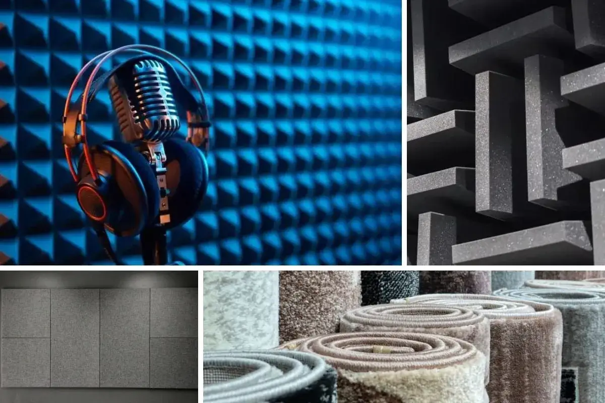 Estudio de grabaci&oacute;n con micr&oacute;fono y auriculares, paneles ac&uacute;sticos y rollos de alfombras, todos son materiales ac&uacute;sticos.