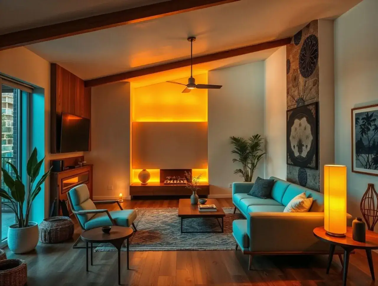 Sal&oacute;n de estilo mid century con sof&aacute; azul, chimenea iluminada y vigas de madera.