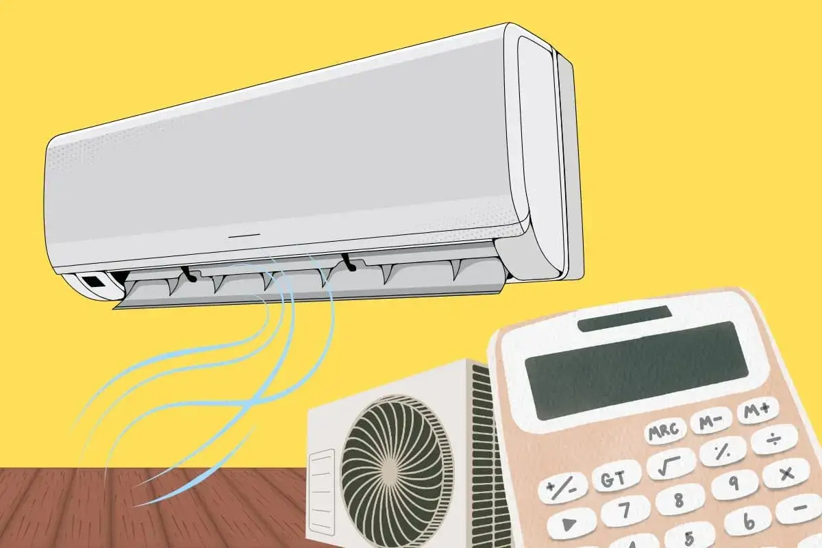 Un aire acondicionado enfría el ambiente. Una calculadora al lado sugiere calcular las frigorías necesarias para tu hogar.