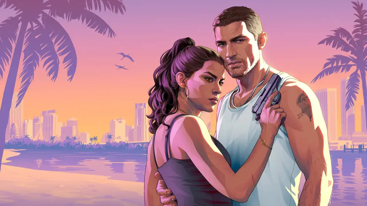 Ein Mann mit Waffe und eine Frau blicken ernst in die Ferne, Palmen und eine Skyline im Hintergrund. Rockstar Games GTA 6.