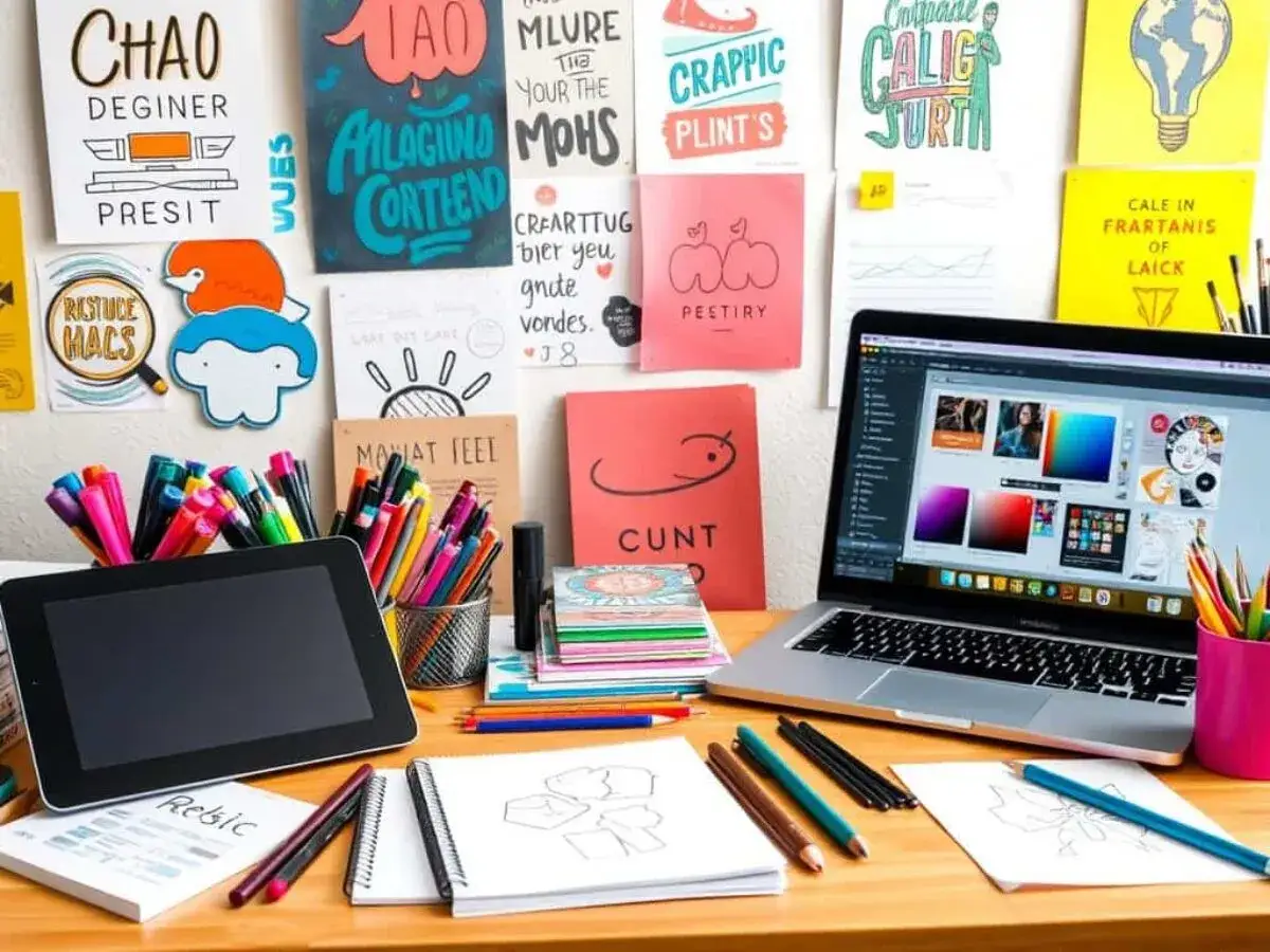 Escritorio de diseño con tablet, portátil abierto mostrando software de diseño, lápices de colores y bocetos. Imágenes libres de derecho de autor inspiran la creatividad.