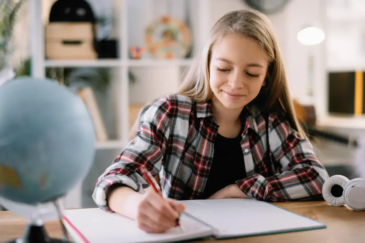 Ein Mädchen mit blonden Haaren studiert konzentriert von zuhause. Sie schreibt in ein Notizbuch, ein Globus und Kopfhörer liegen auf dem Tisch.
