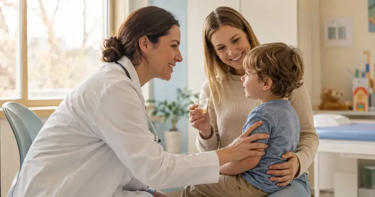 M&eacute;decin donnant un m&eacute;dicament &agrave; un enfant, sa m&egrave;re pr&eacute;sente. Le petit semble souffrir de vomissement et fi&egrave;vre.