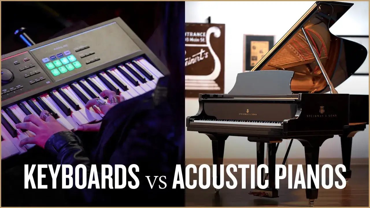 Ręce grające na keyboardzie i lśniące pianino Steinway & Sons. Porównanie instrumentów klawiszowych i pianin.