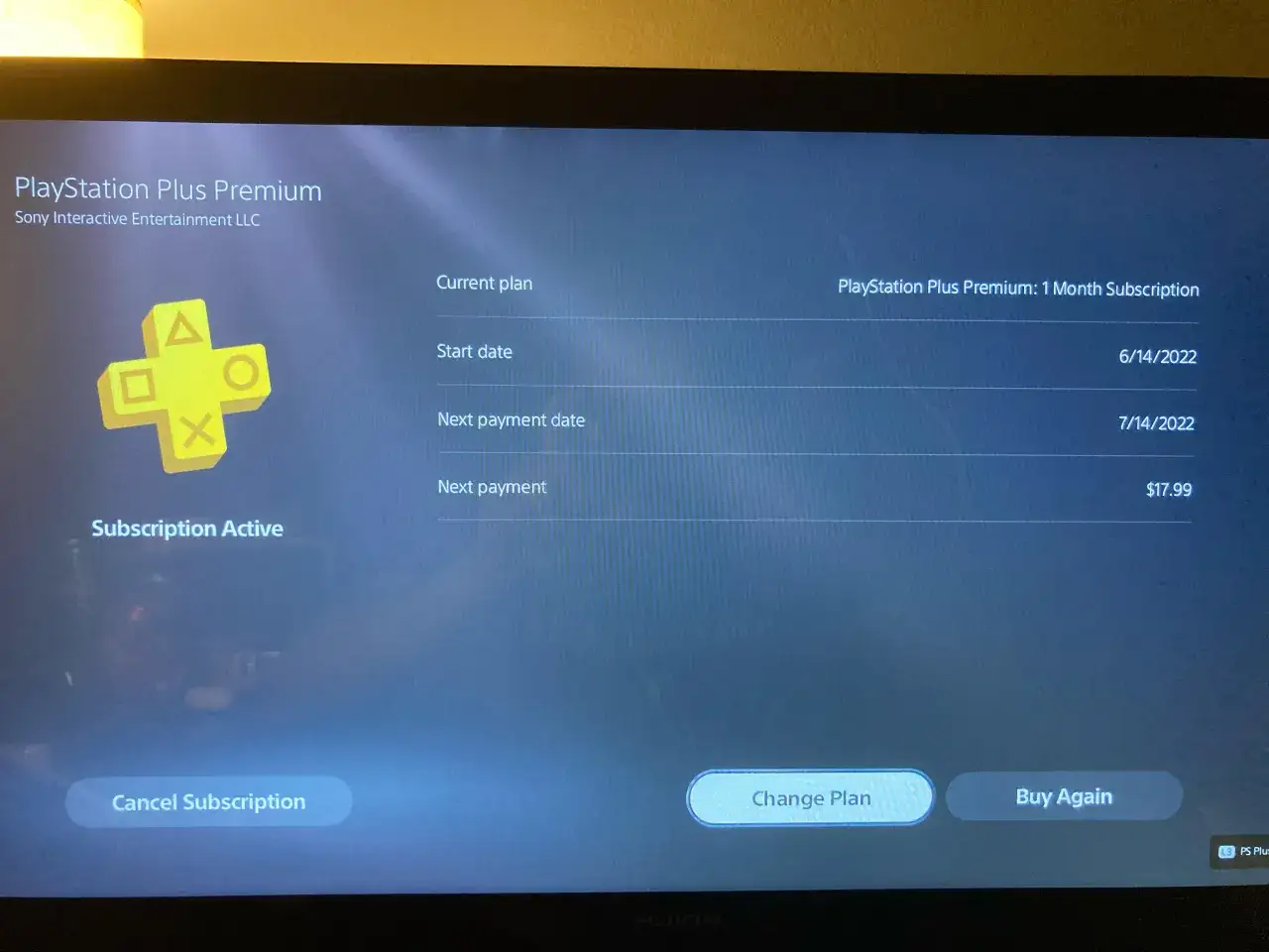 PlayStation 5 menu ustawienia subskrypcji