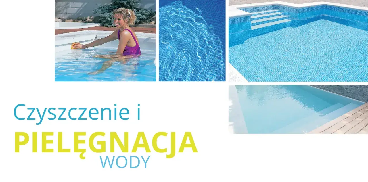 Kobieta czyści basen. Czysta, błękitna woda w basenie, schody i mozaika.