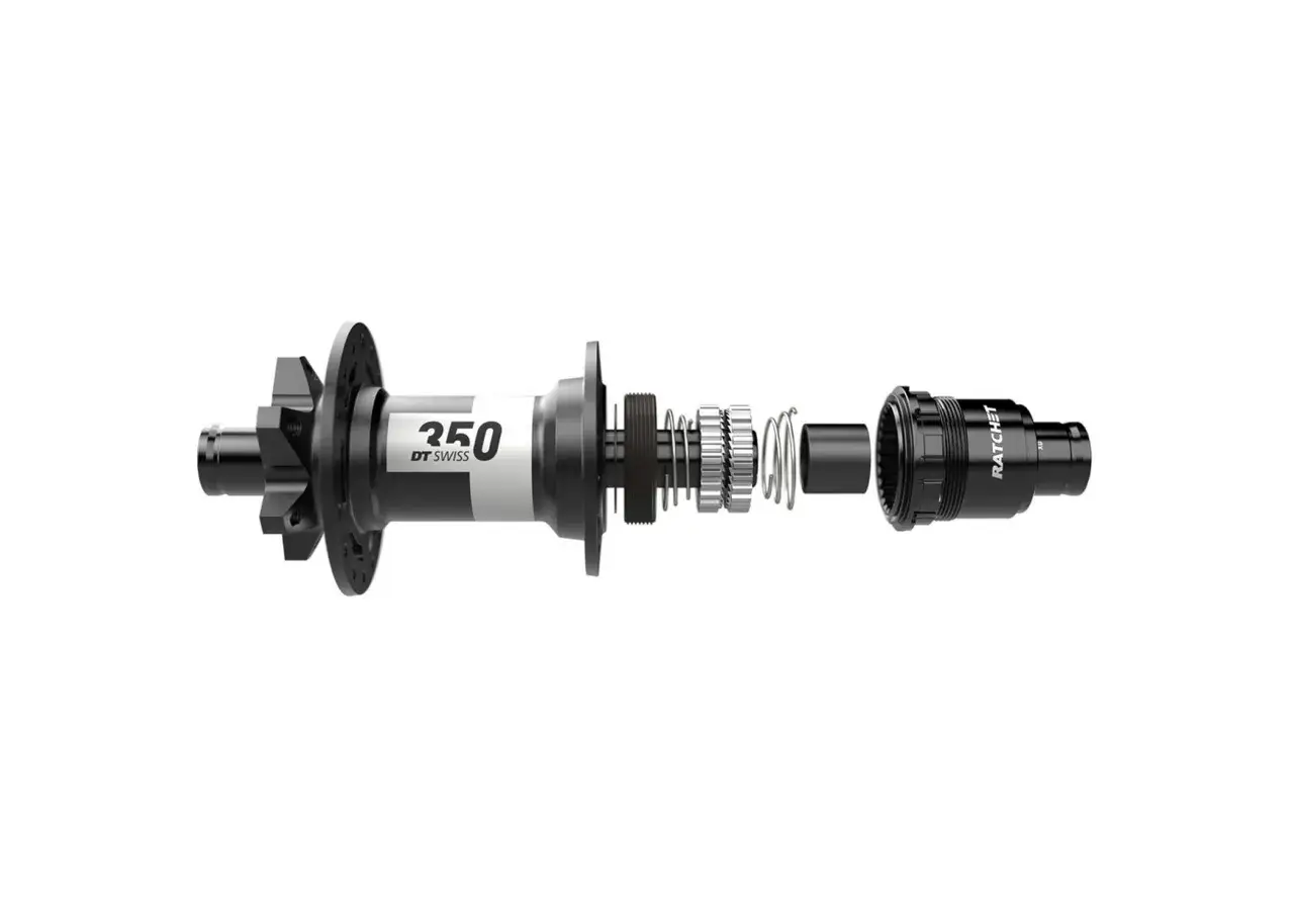 Exploded view of a DT Swiss 350 hub, showcasing its internal components like the ratchet system and springs.