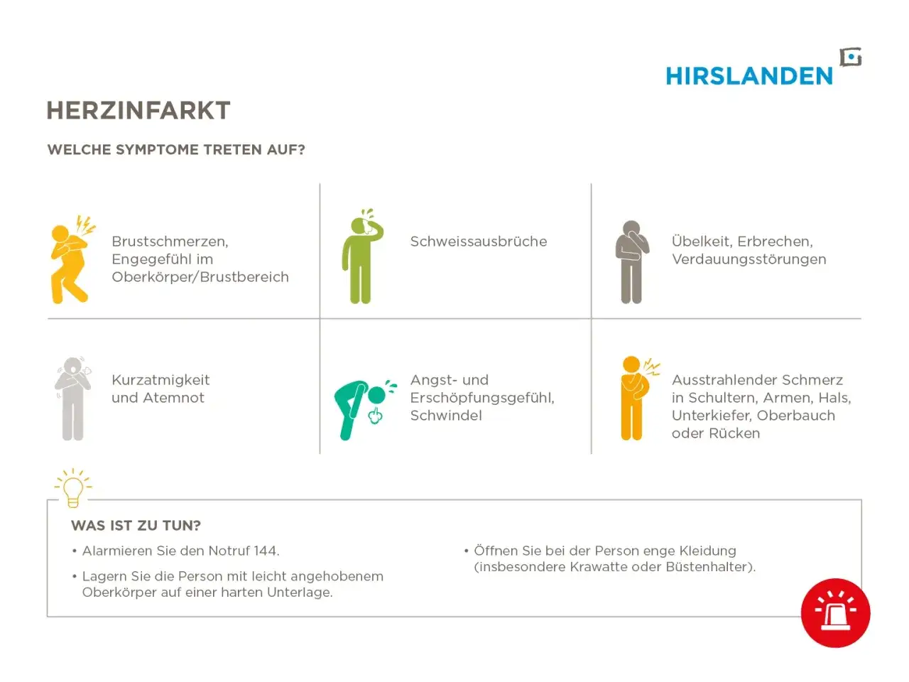 Herzinfarkt-Symptome: Brustschmerz, &Uuml;belkeit, Atemnot, Schwei&szlig;ausbr&uuml;che. Bei Verdacht sofort Notruf 144 w&auml;hlen. Die Frage 