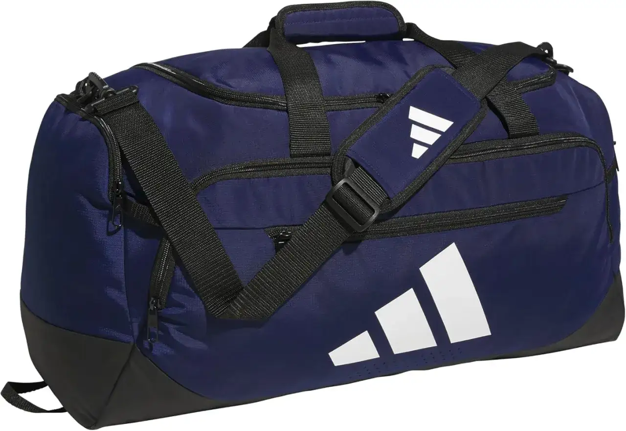 Sacca sportiva blu navy Adidas con logo bianco. Perfetta per la palestra o i viaggi.