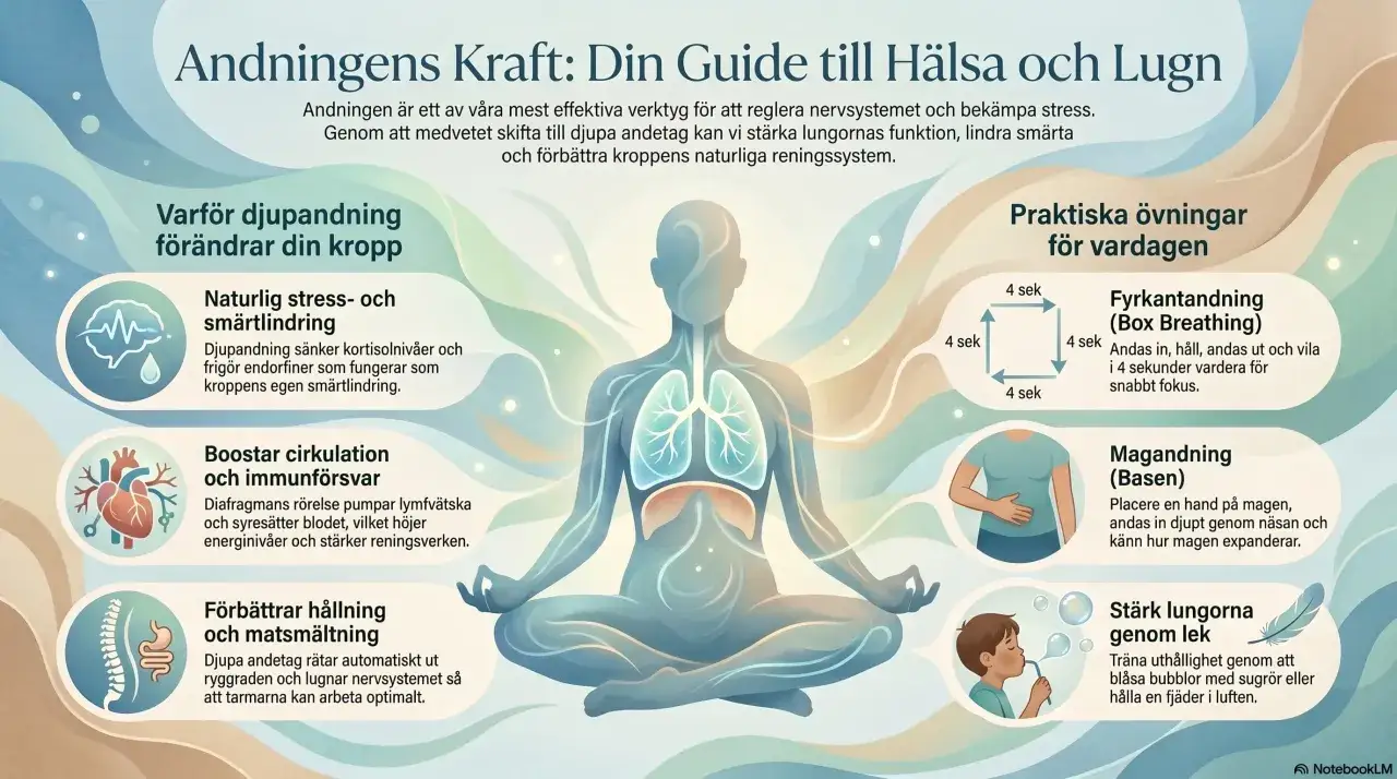 Grafik visar en person i meditationsst&auml;llning med fokus p&aring; lungorna. Texten f&ouml;rklarar hur djupandning minskar stress, f&ouml;rb&auml;ttrar cirkulationen och matsm&auml;ltningen.