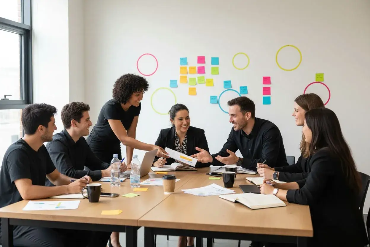 Ett team diskuterar idéer runt ett bord, ett tydligt exempel på delaktighet. Post-it-lappar och cirklar på väggen visar kreativitet.
