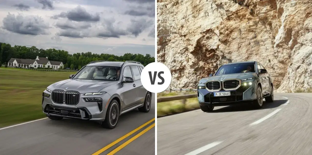 Dwa BMW X7M na drodze: jeden na tle posiadłości, drugi w górskim krajobrazie.