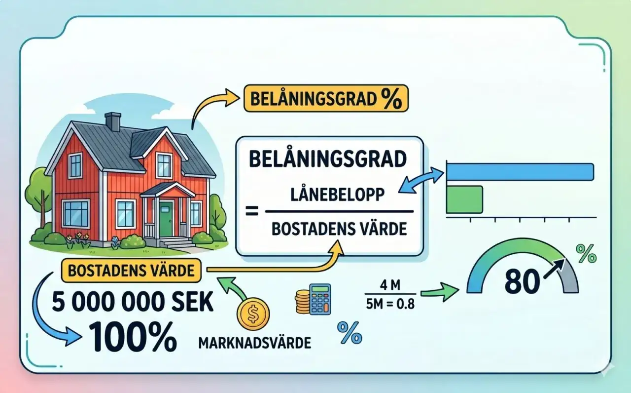 Illustration som f&ouml;rklarar hur bel&aring;ningsgrad f&ouml;r bol&aring;n r&auml;knas ut. En villa v&auml;rderas till 5 miljoner SEK, vilket motsvarar 100% av marknadsv&auml;rdet.