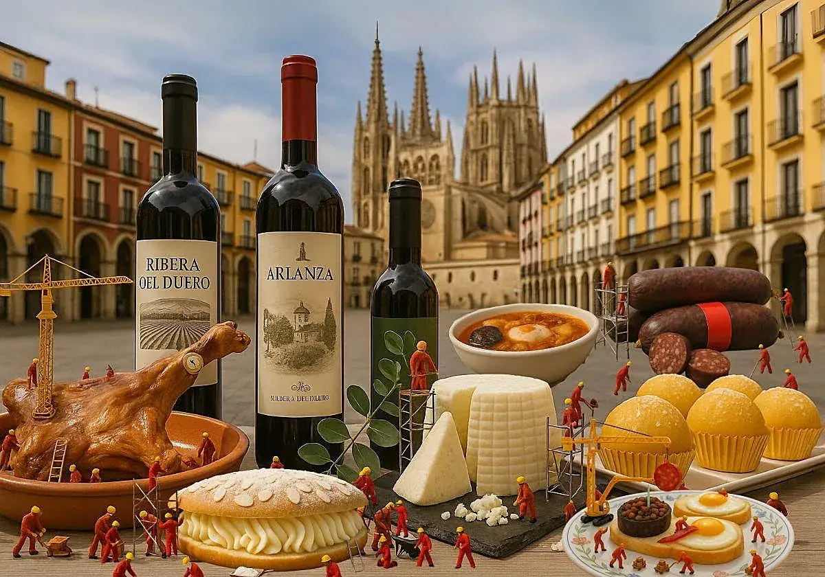 Degustaci&oacute;n de comida t&iacute;pica de Burgos: cordero asado, morcilla, queso, vino y postre, con la Catedral de Burgos de fondo.