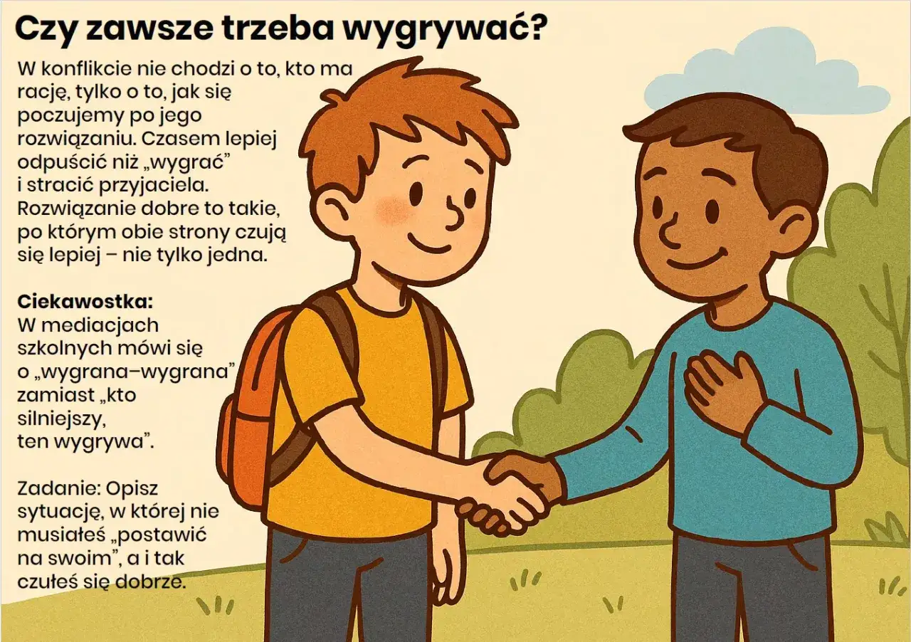 Dw&oacute;ch chłopc&oacute;w ściska sobie dłonie, symbolizując rozwiązanie konfliktu bez potrzeby 
