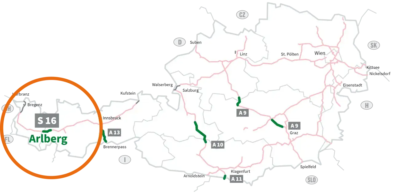 Mapa Austrii z zaznaczoną drogą S16 Arlberg. Podkreślono odcinek tunelu Arlberg.