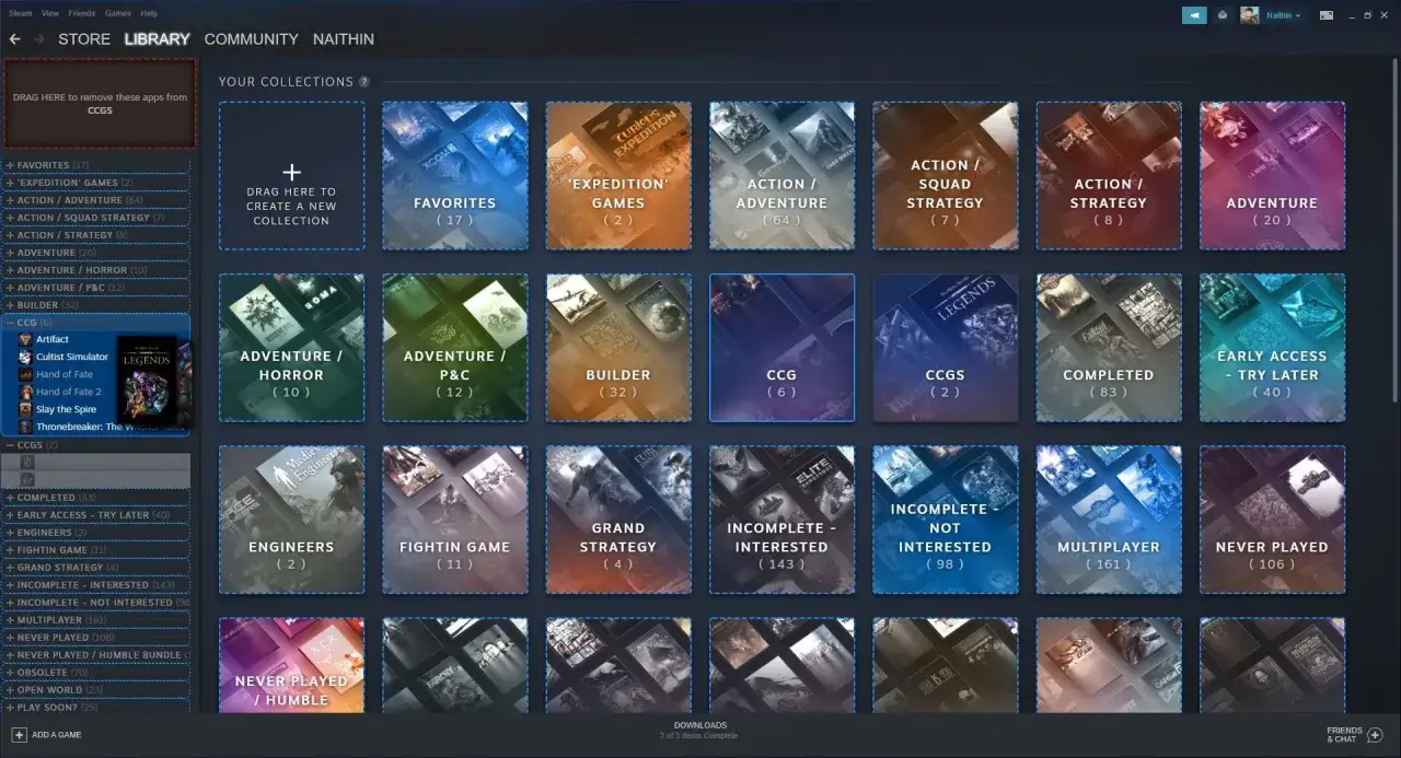 Biblioteka Steam z kolekcjami gier, w tym