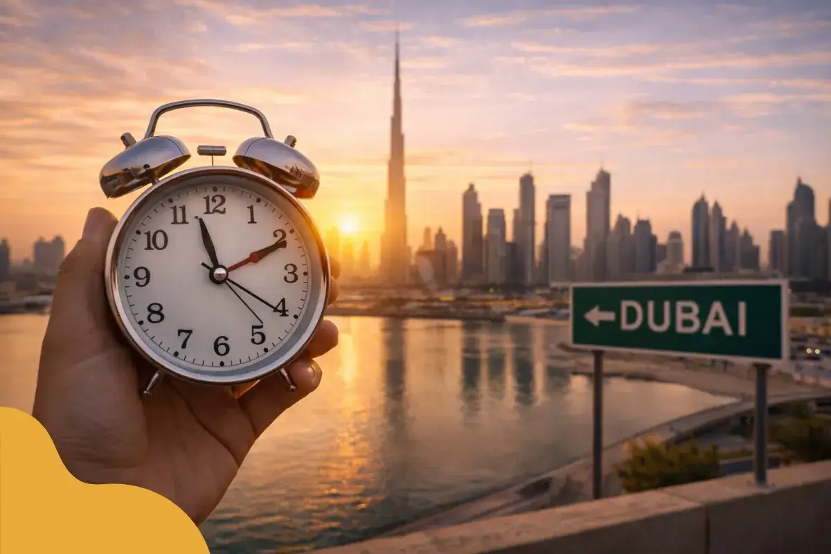 Budzik w dłoni na tle Dubaju. Sprawdź, jaka jest różnica czasu Polska-Dubaj i zaplanuj podróż.