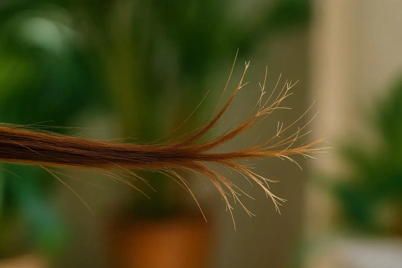 Ein feiner, brauner Haarschopf zeigt deutliche spliss haare, die sich wie kleine &Auml;ste verzweigen.