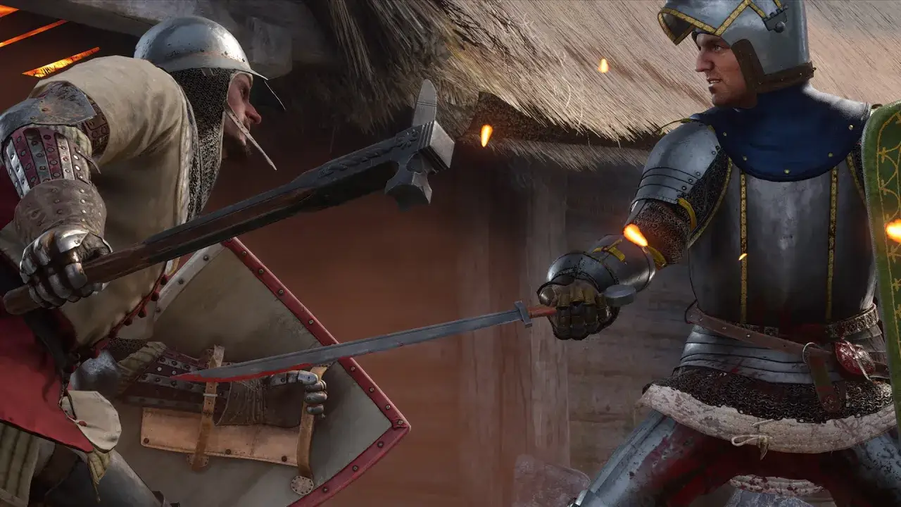 Dos caballeros se enfrentan en combate. Uno empuña un martillo de guerra, el otro una espada. Una escena épica de Kingdom Come Deliverance 2.