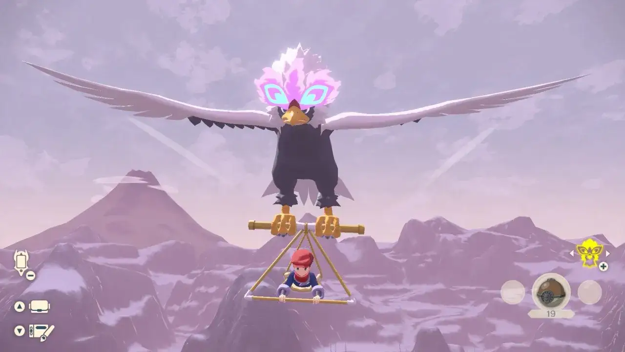 Gracz na lotni podziwia majestatycznego Braviary w grze Pokemon Legends: Arceus.