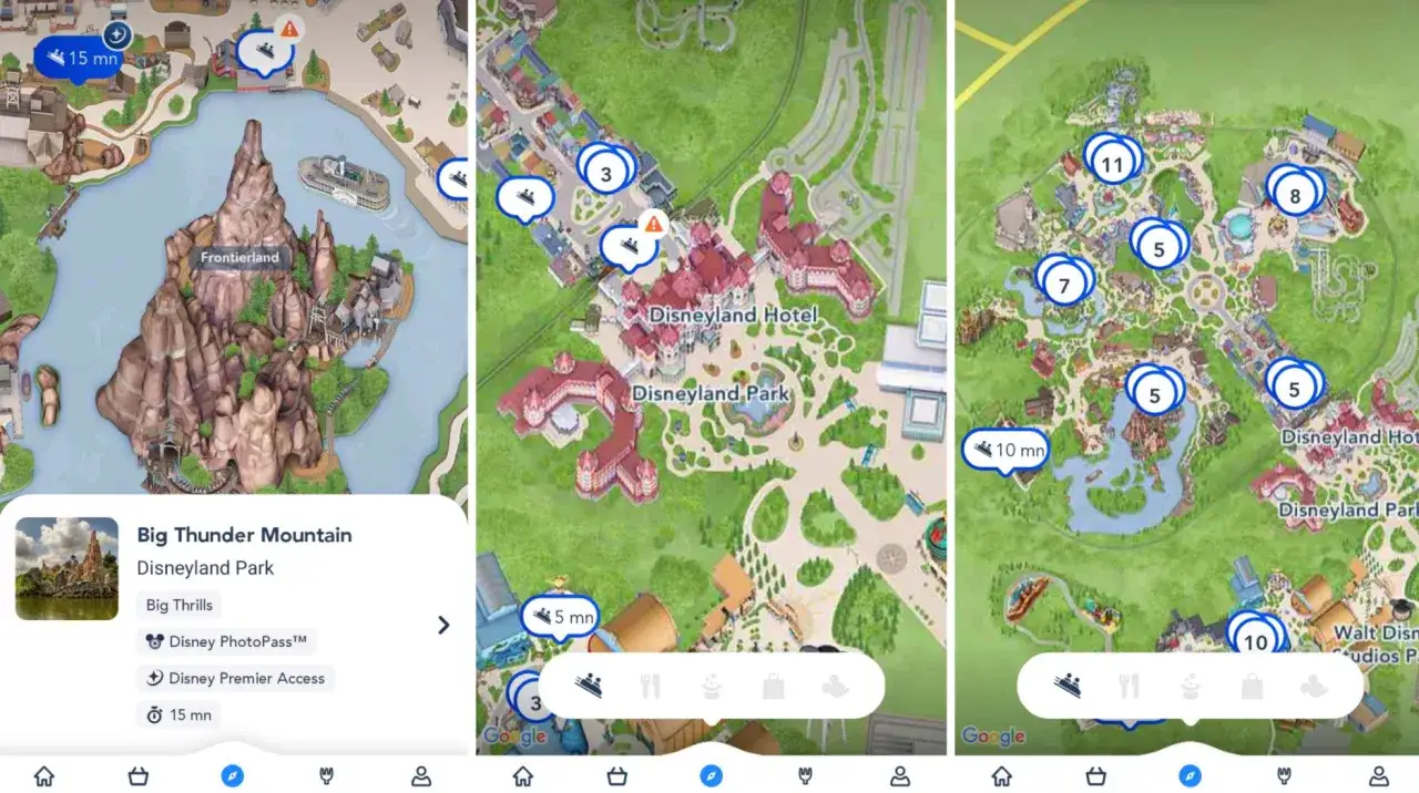 Mapy Disneyland Paris pokazują atrakcje, takie jak Big Thunder Mountain, oraz czas oczekiwania.