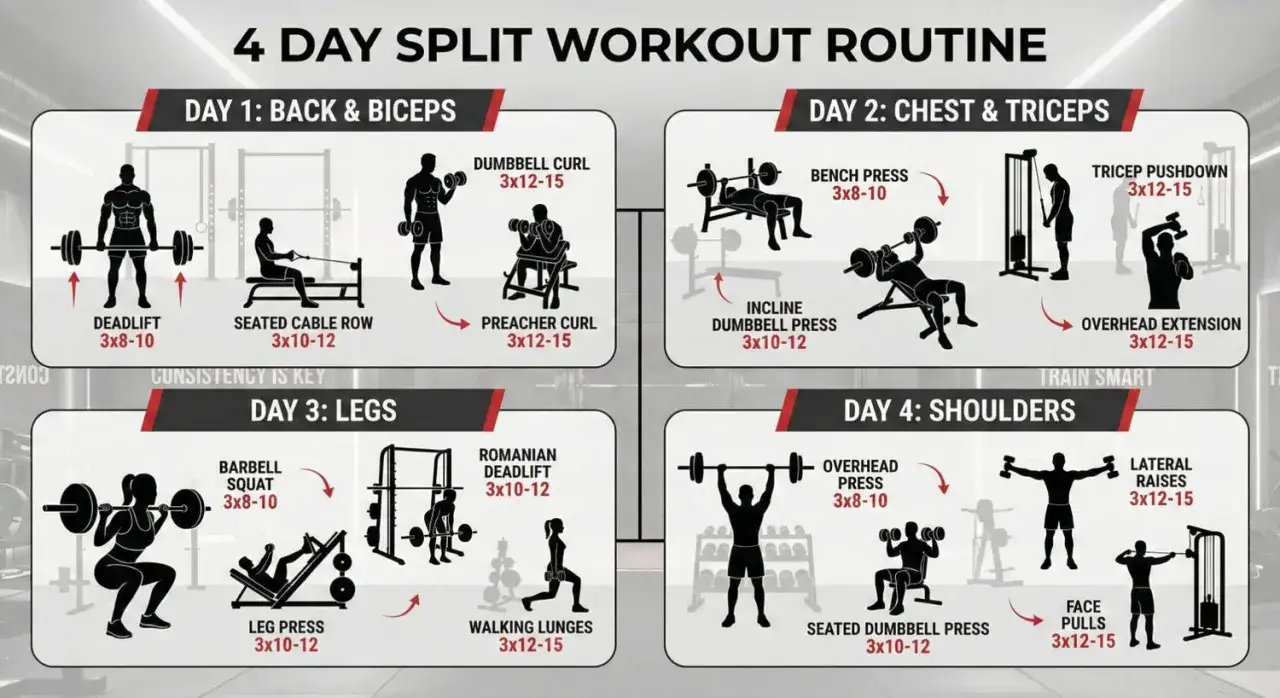 Ein 2er Split Trainingsplan mit Übungen für Rücken, Bizeps, Brust, Trizeps, Beine und Schultern.