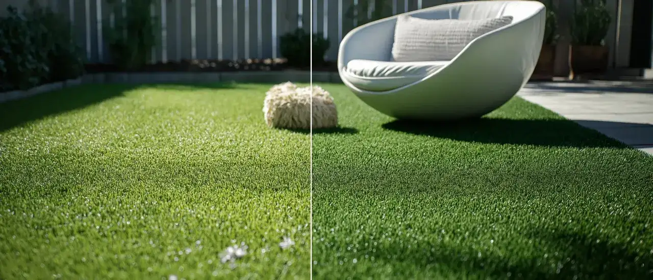 Comparación de césped artificial o natural en un jardín moderno con silla futurista y puf.