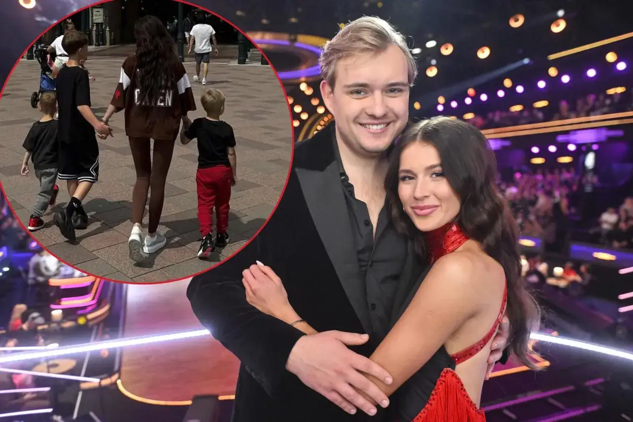 Kevin Mglej z dzieckiem na spacerze, a obok uśmiechnięta para na scenie.
