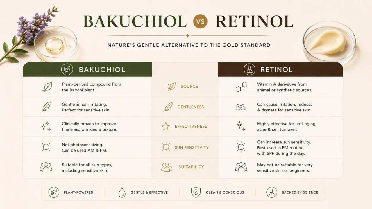 Bakuchiol, un compuesto vegetal, es una alternativa suave al retinol. Ideal para pieles sensibles, mejora líneas finas sin fotosensibilidad.