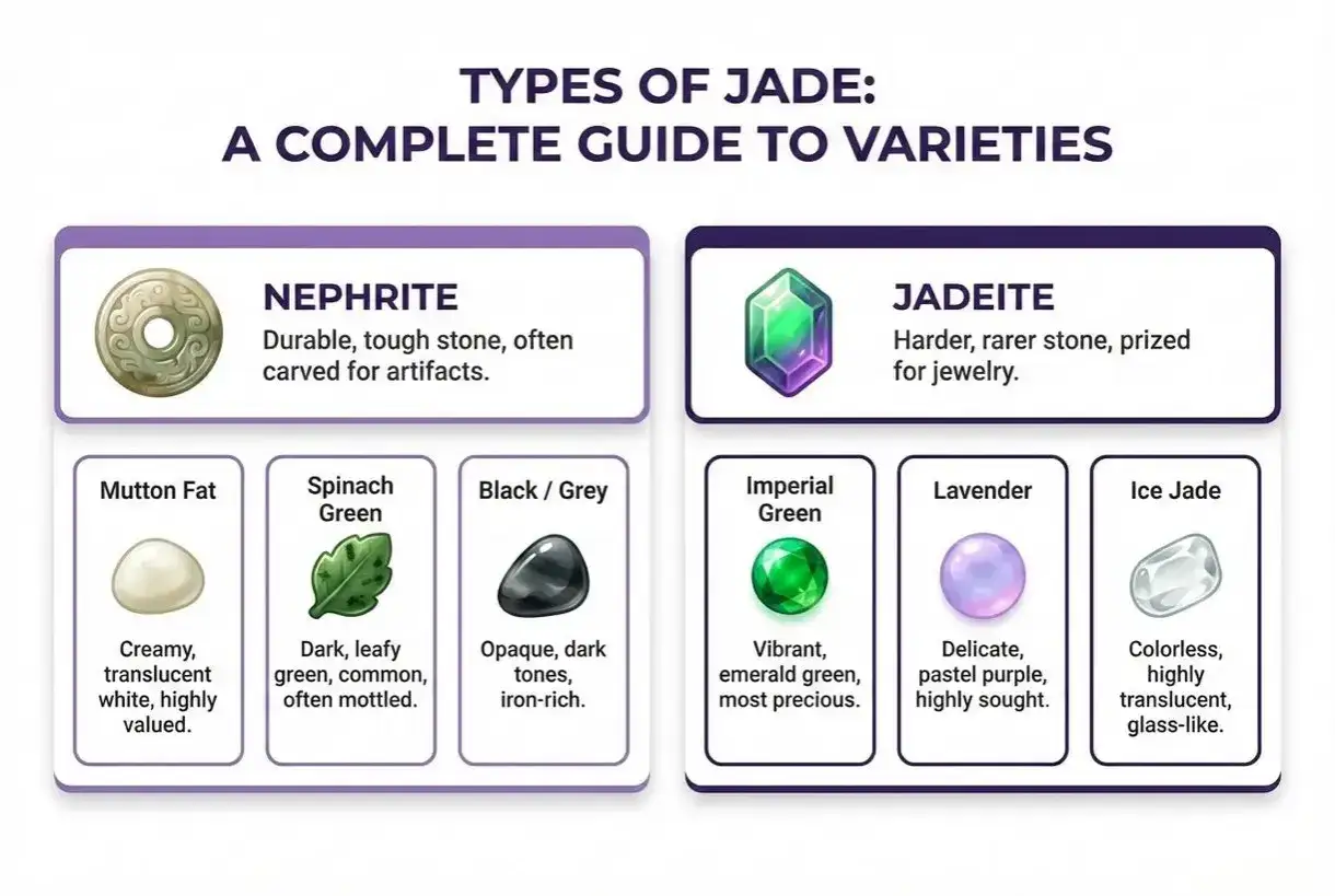 Guide till olika jadesorter: Nephrite (tålig, för artefakter) och Jadeite (hårdare, för smycken). Beskriver jade egenskaper som Mutton Fat, Spinach Green, Imperial Green m.fl.