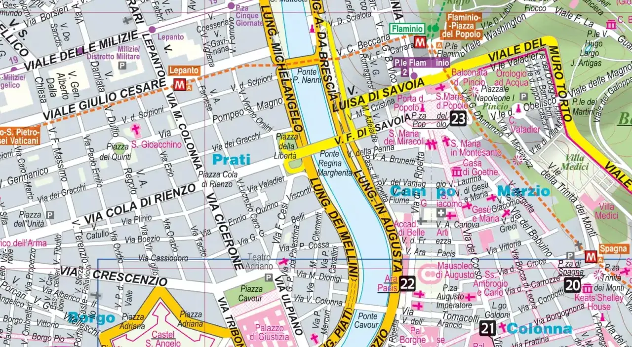 Mapa Rzymu z zaznaczonymi dzielnicami, gdzie najlepiej spać w Rzymie. Widoczne są nazwy ulic, placów, zabytków i stacji metra.
