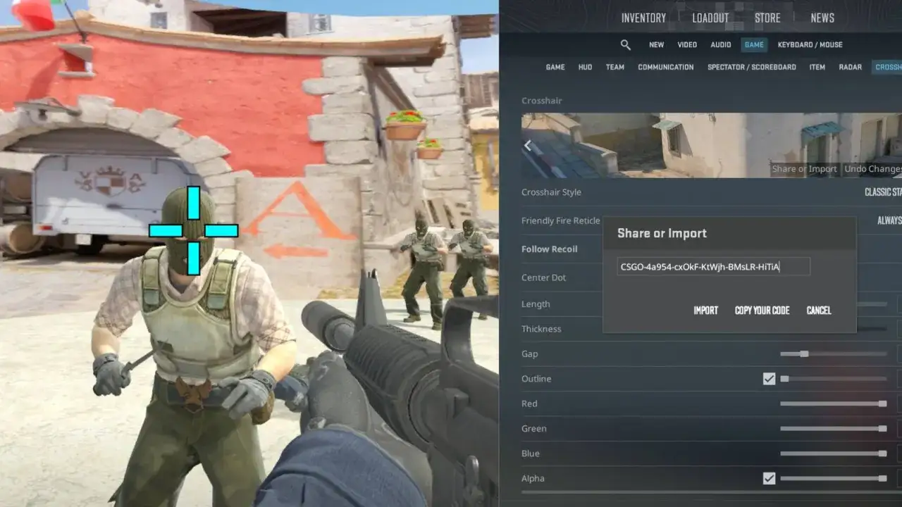 Gracz w CS:GO z niebieskimi celownikami na głowie przeciwnika, w tle menu ustawień celowników.