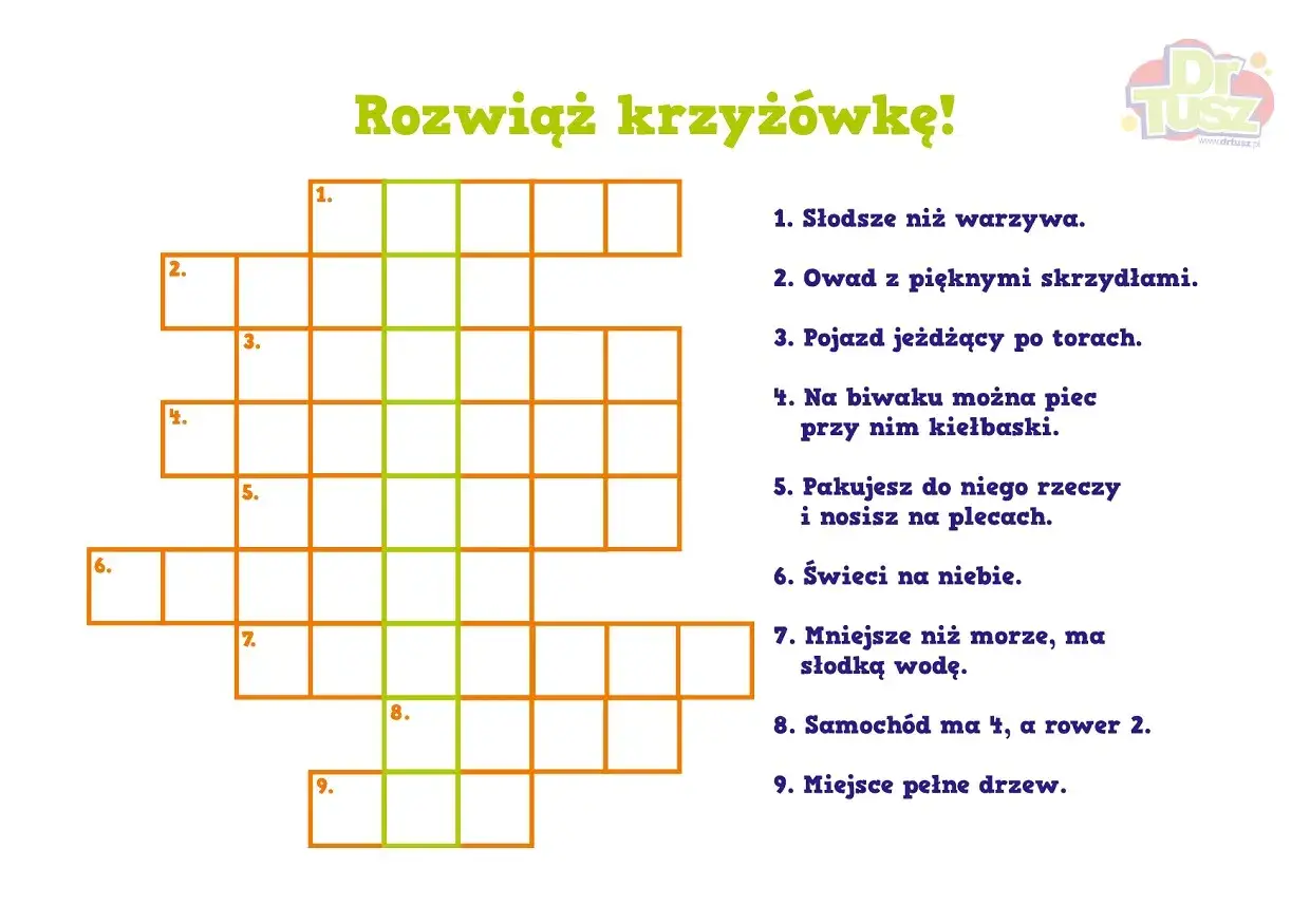 Krzyżówki dla dzieci do druku z zagadkami o owadach, pojazdach i przyrodzie. Rozwiąż zagadki i wpisz odpowiedzi!