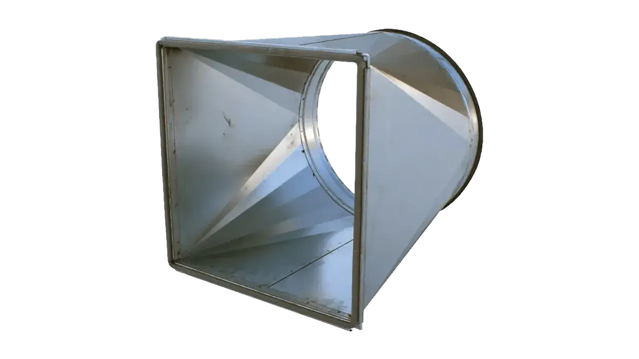 En metallisk ventilations övergång som smalnar av från en fyrkantig öppning till en rund.