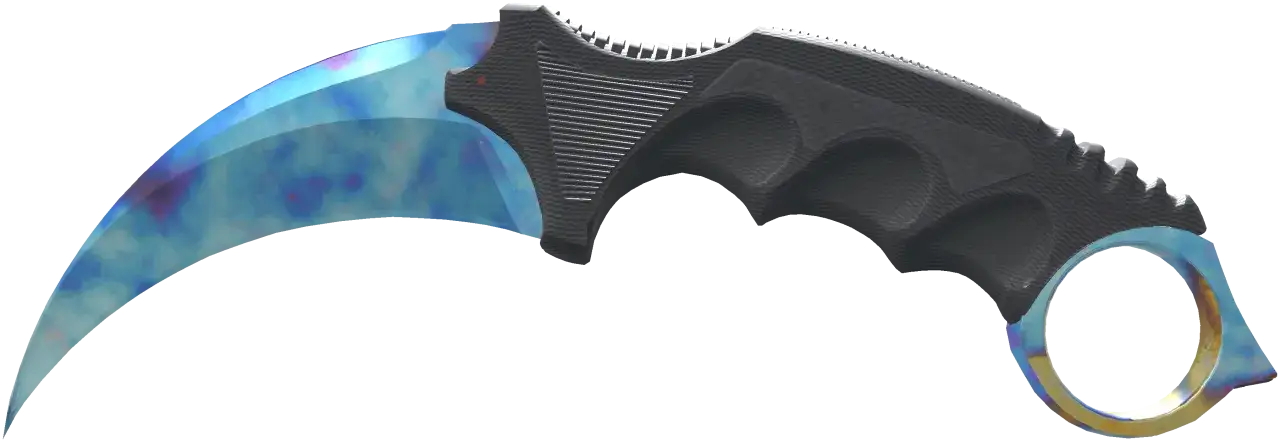 Karambit Case Hardened z niebieskim kamieniem, ostrze mieni się odcieniami błękitu i fioletu, uchwyt czarny.