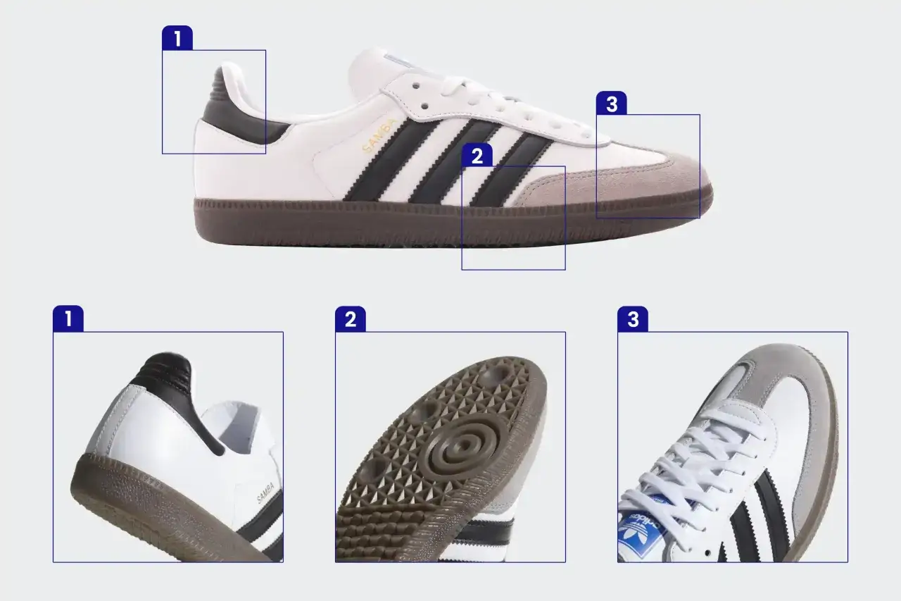 Szczegóły buta Adidas Samba: naszywka na pięcie (1), podeszwa zewnętrzna (2) i przód buta z logo (3) pomogą Ci sprawdzić oryginalność.
