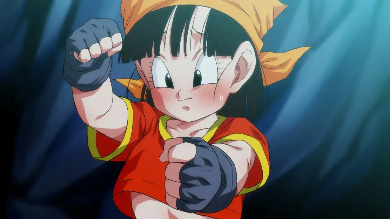 Pan z Dragon Ball w czerwonej bluzce i żółtej opasce na głowie, gotowa do walki.