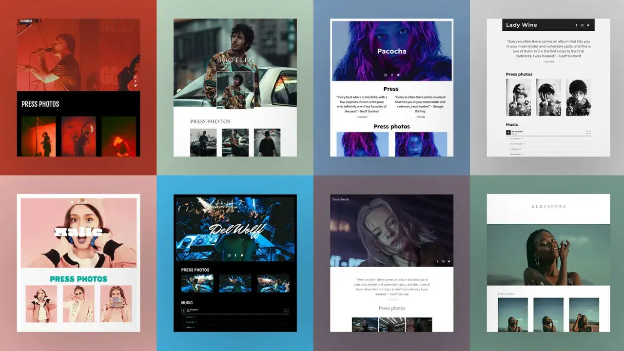 Multiple artist websites showcase their EPK (Electronic Press Kit) with photos and music samples.