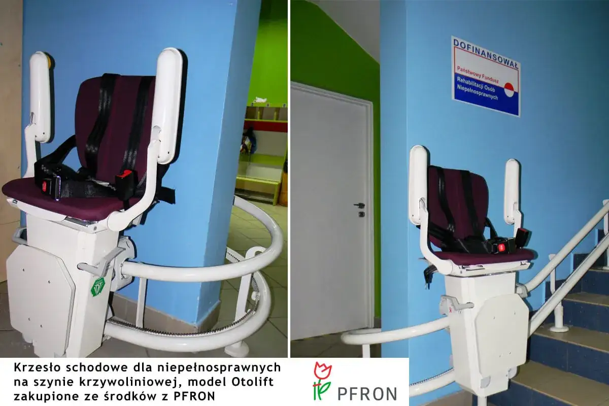 Krzesełko schodowe Otolift, zakupione ze środków PFRON, ułatwia poruszanie się osobom niepełnosprawnym.