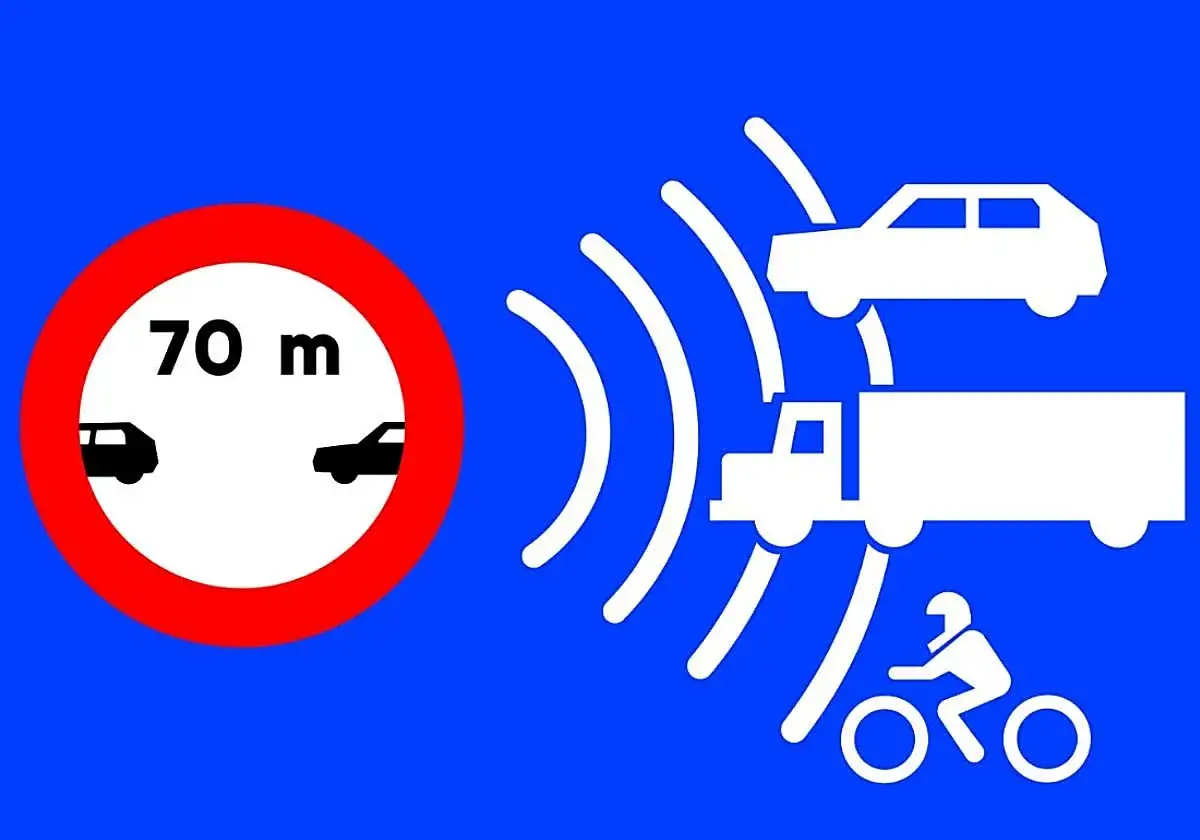 Se&ntilde;al de tr&aacute;fico: prohibido superar los 70 m de distancia entre veh&iacute;culos. Indica el minimo de velocidad en autopista para evitar colisiones.