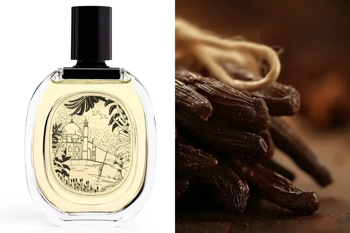 Elegancka butelka perfum z orientalnym motywem i pęk lasek wanilii. Zapach niczym opowieść od nowellisty.